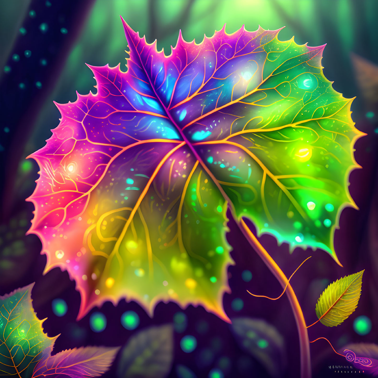 Colorful Fantasy Leaf in Mystical Forest Setting