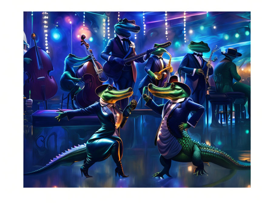 Colorful stage performance by animated alligator jazz band