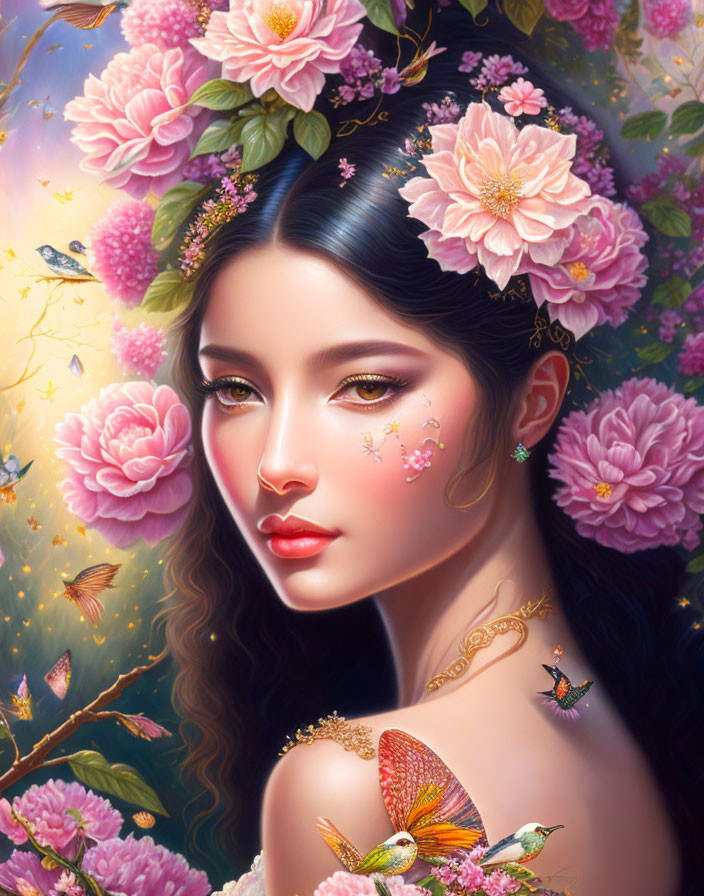 Serene woman with floral adornments surrounded by butterflies and blossoming flowers