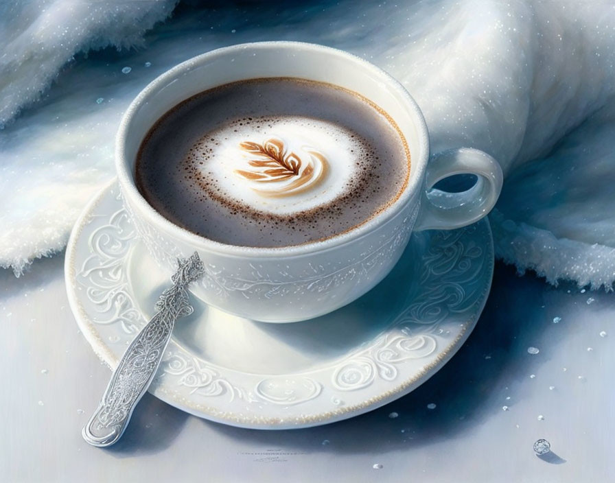 Steaming cup of coffee with latte art on saucer in snowy setting