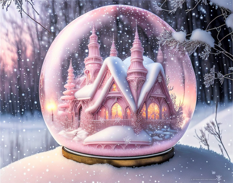 Pink castle snow globe with snowy landscape & forest backdrop