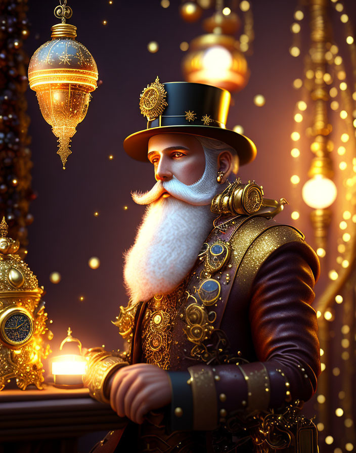 Illustrated steampunk gentleman with top hat and lanterns