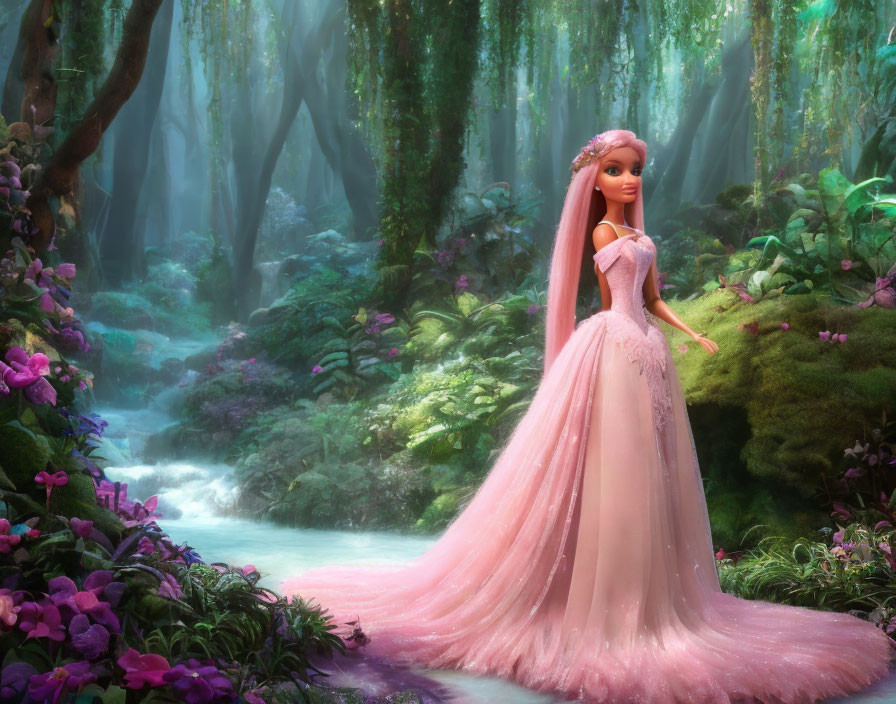 Princess doll in pink dress in lush forest setting