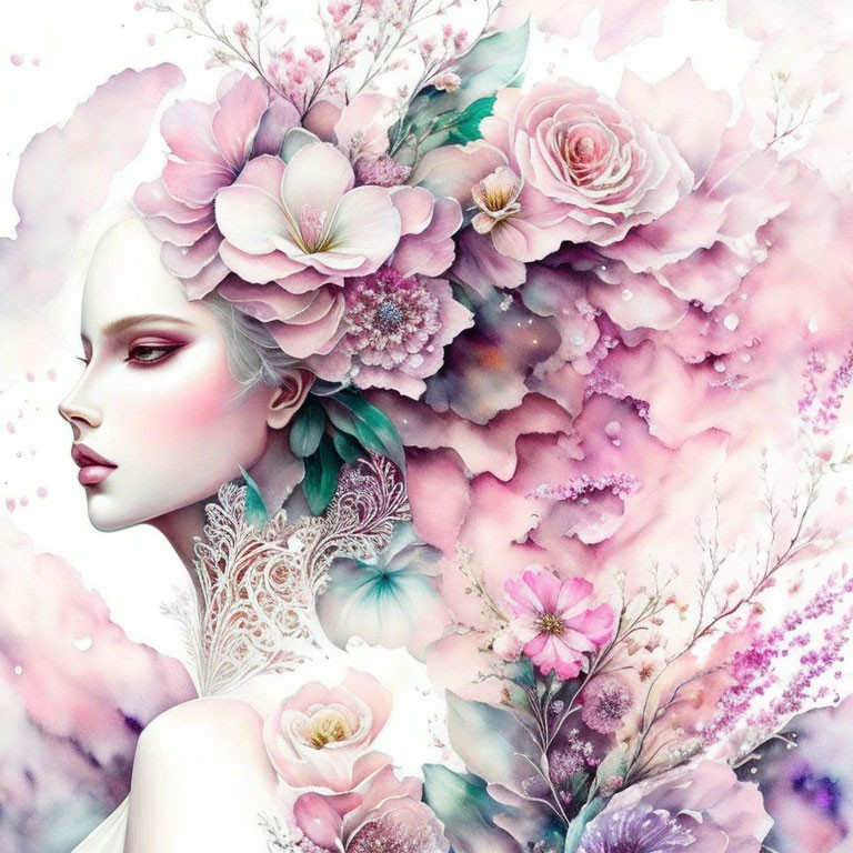 Woman's profile with floral motif in hair - surreal illustration