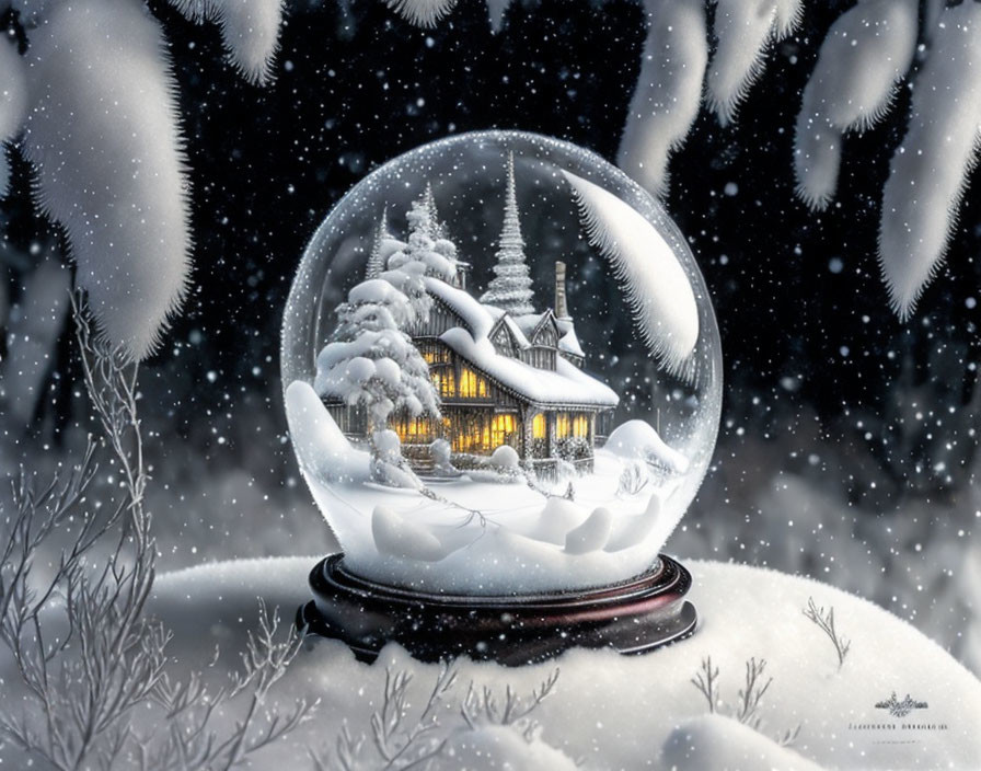 Winter Snow Globe with Cozy Cottage and Snowy Landscape