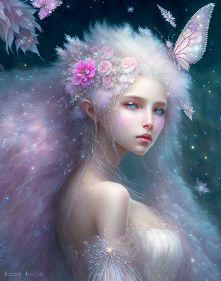 Ethereal female figure with blue eyes, white hair, pink flowers, and butterfly in soft,