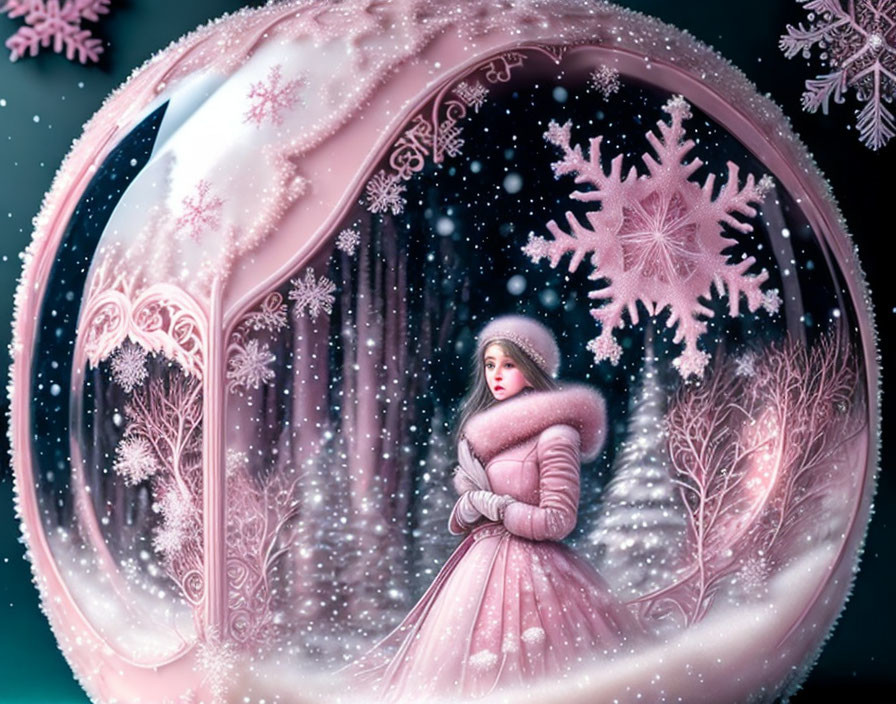 Woman in Pink Winter Coat in Snow Globe with Enchanted Forest