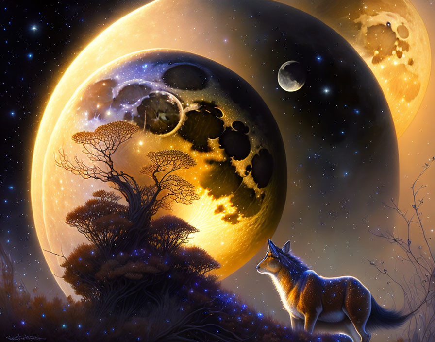 Surreal cosmic scene: Fox under starry sky with moons and trees