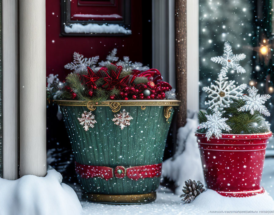 Santa-themed planter with evergreens and ornaments on snowy windowsill