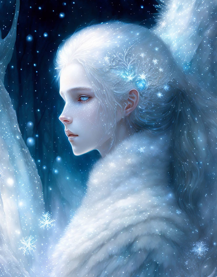 Portrait of mystical woman with pale skin, icy blue eyes, white hair, snowflakes, fur