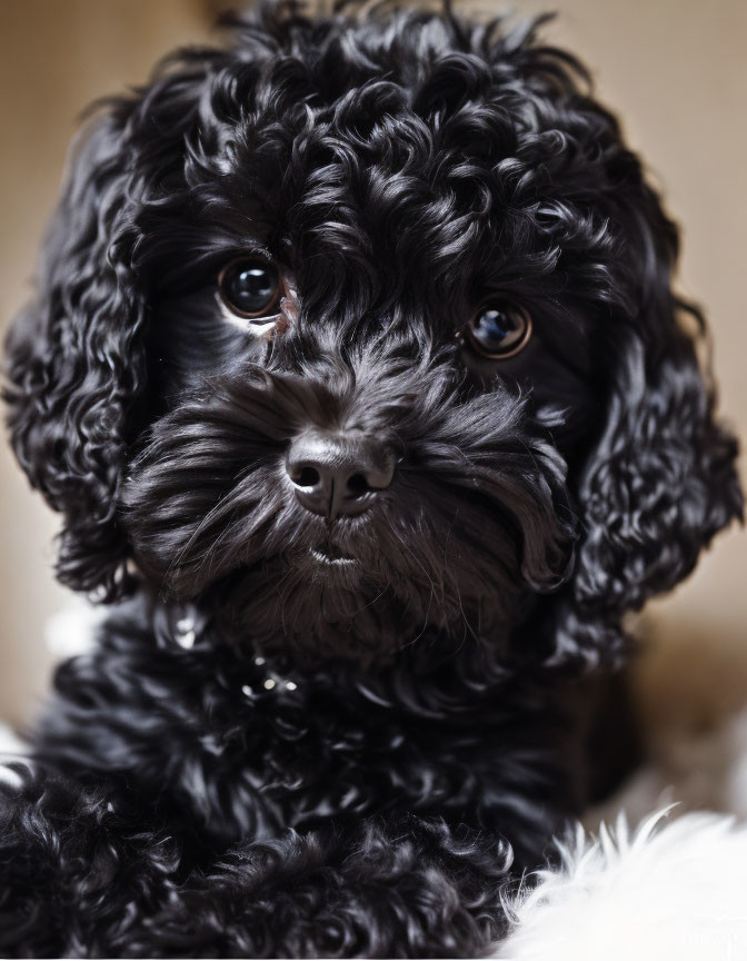 Black Curly-Haired Poodle Puppy with Shiny Eyes