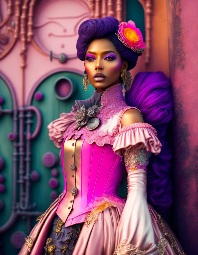 Vibrant purple-haired woman in Victorian-inspired outfit