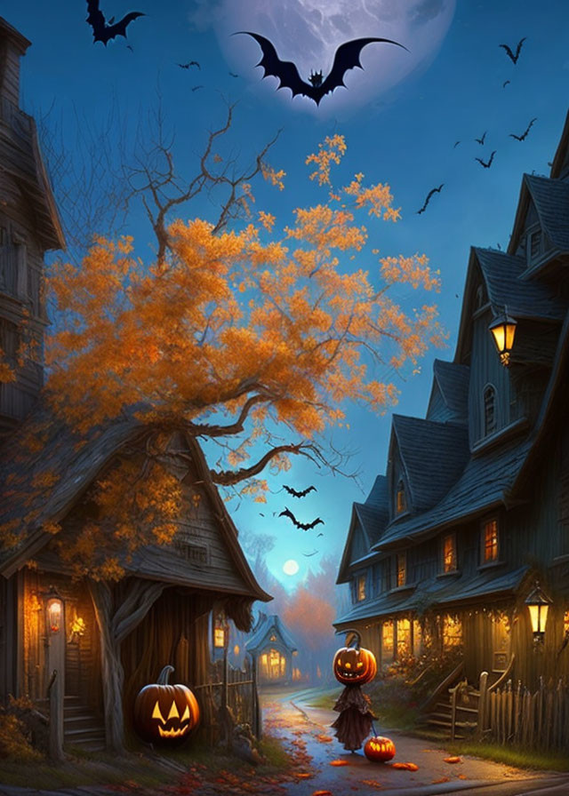 Spooky Halloween scene with jack-o'-lanterns, bats, full moon, autumn tree,