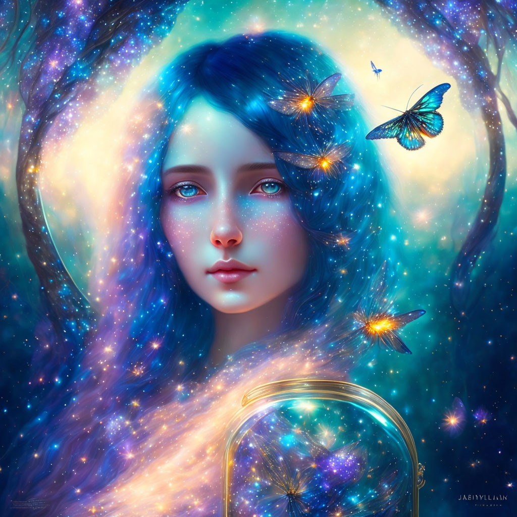 Portrait of a woman with blue hair in cosmic setting with butterflies.