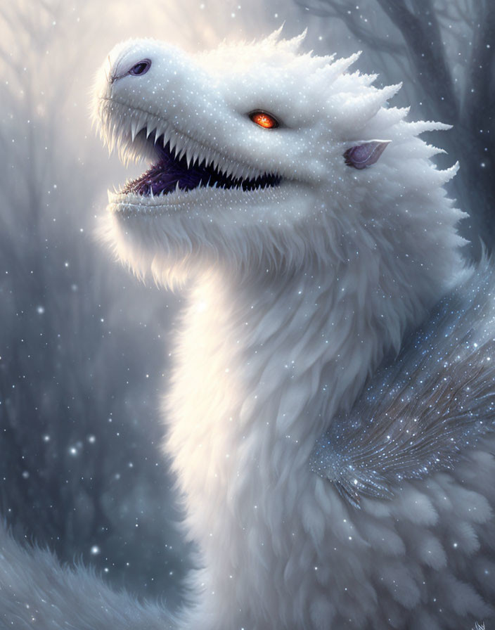 White furry mythical wolf-like creature with orange eyes snarling in snow