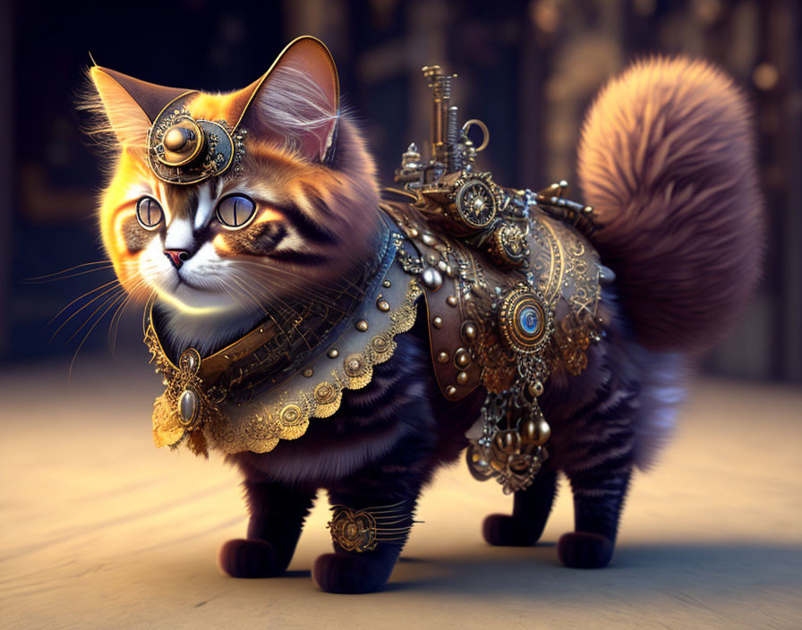 Fluffy orange-and-white cat in steampunk armor on warm-lit backdrop