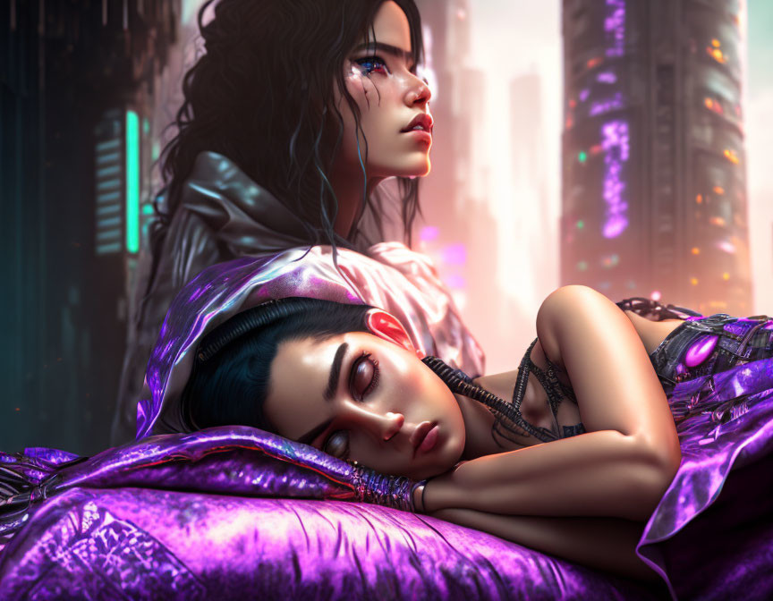 Two women in cyberpunk style pose together in a futuristic setting