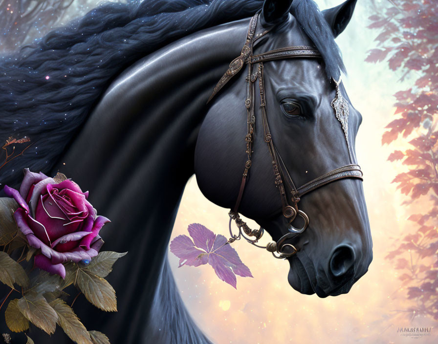 Majestic black horse with shiny coat in autumnal setting