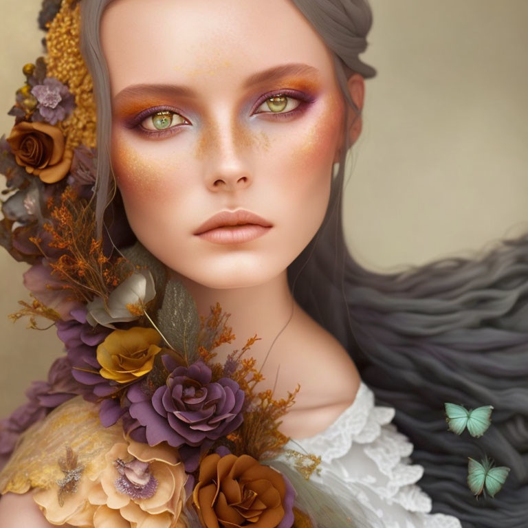 Colorful Makeup Woman Portrait with Flowers and Butterflies