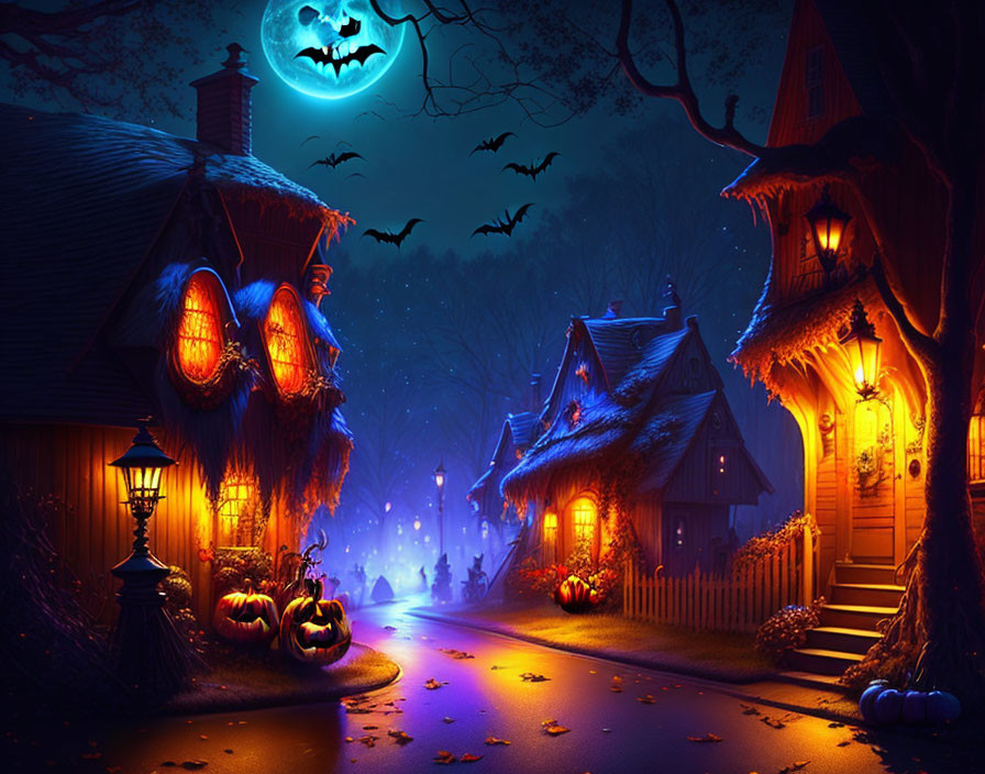 Spooky Halloween scene with jack-o'-lanterns, bats, full moon, and foggy