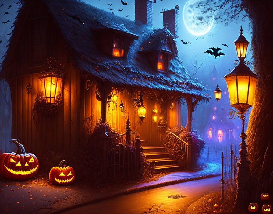 Spooky Halloween Scene with Pumpkins, Haunted House, Moon, and Bats