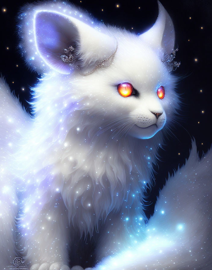 White Fantasy Cat with Glowing Eyes Surrounded by Stars and Blue Light