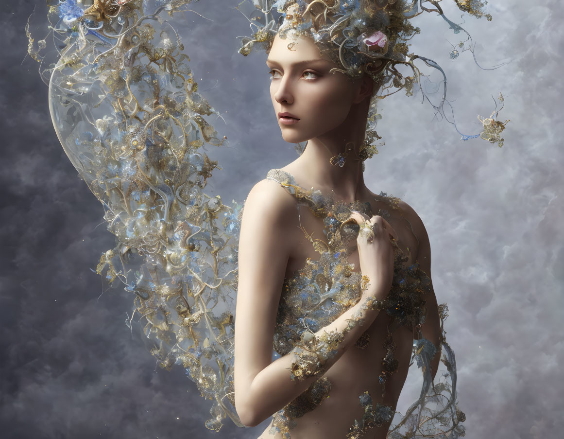 Surreal portrait of woman with golden branch and blossom adornments