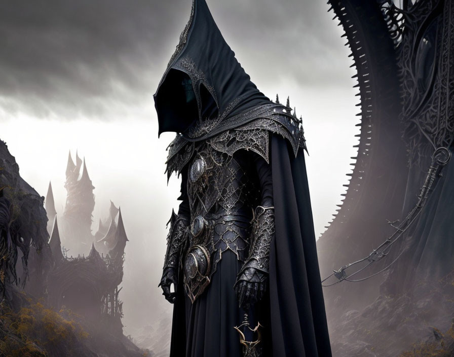 Menacing figure in dark armor against gloomy fantasy landscape