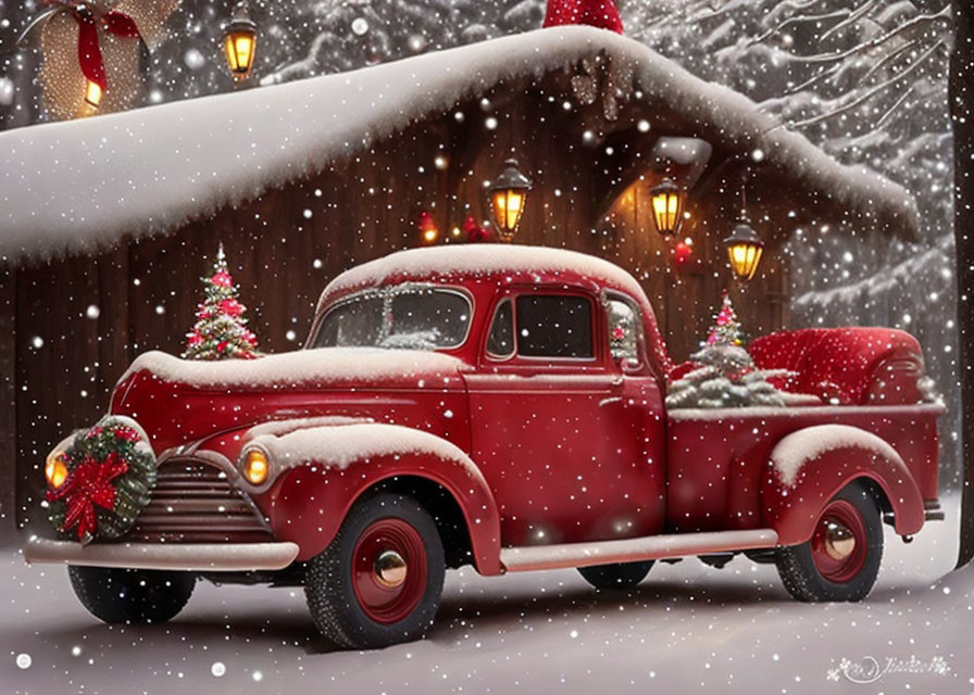 Vintage Red Pickup Truck with Christmas Wreaths by Snow-Covered Wooden House