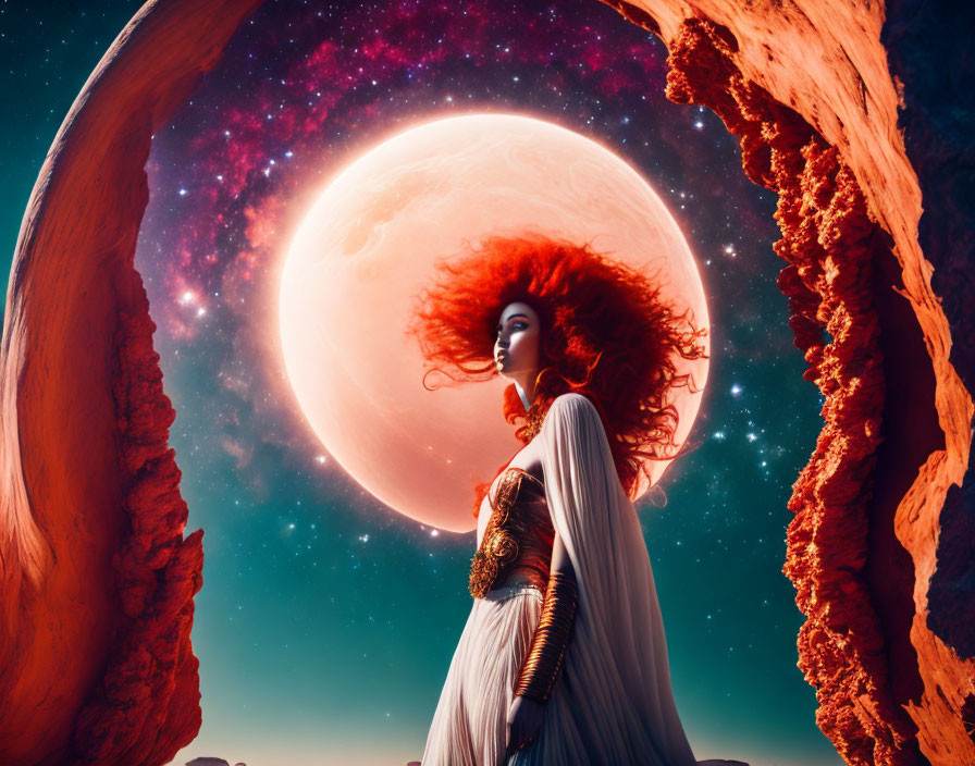 Red-haired woman gazes at pink moon in surreal landscape