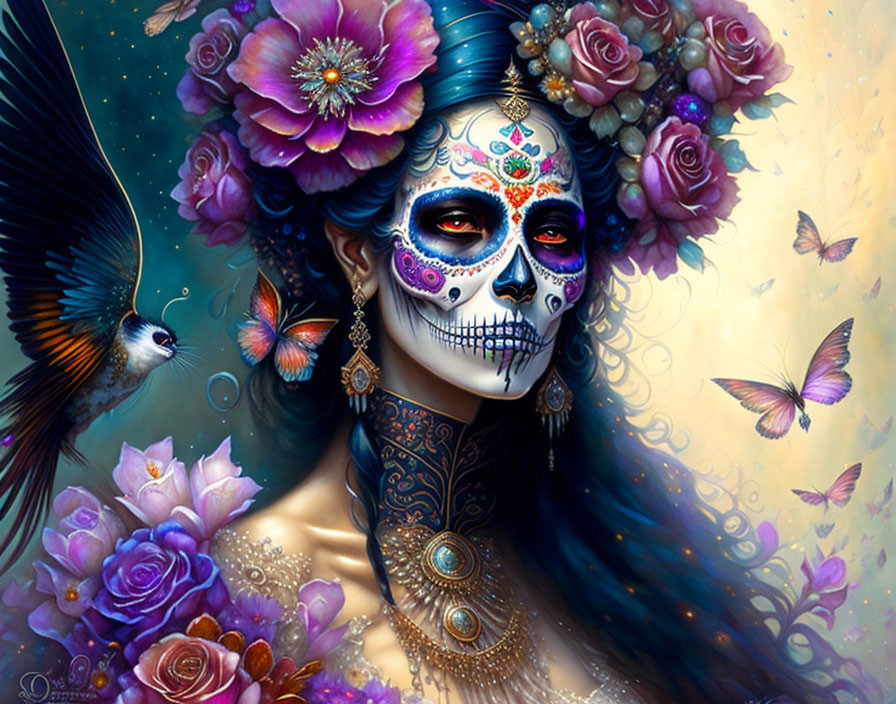 Vibrant Dia de los Muertos woman with skull makeup and floral adornments