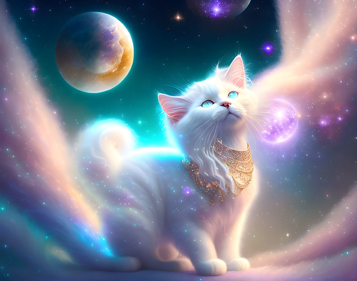 White Fluffy Cat with Golden Necklace in Cosmic Setting