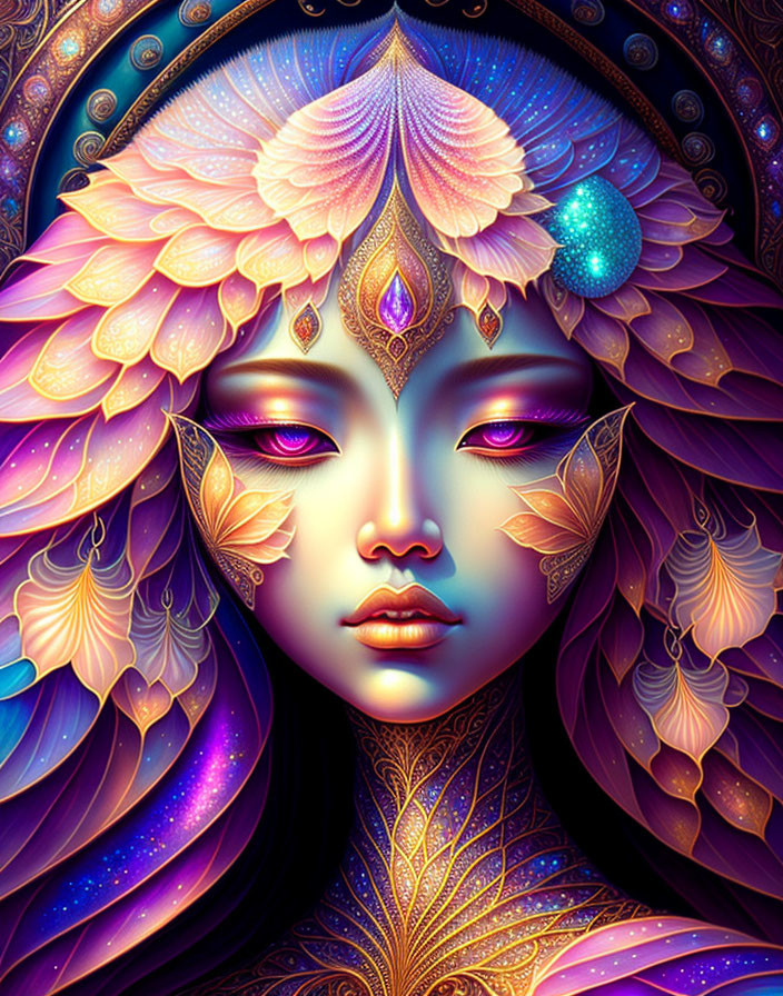 Colorful stylized portrait of female figure with intricate patterns and cosmic nature themes