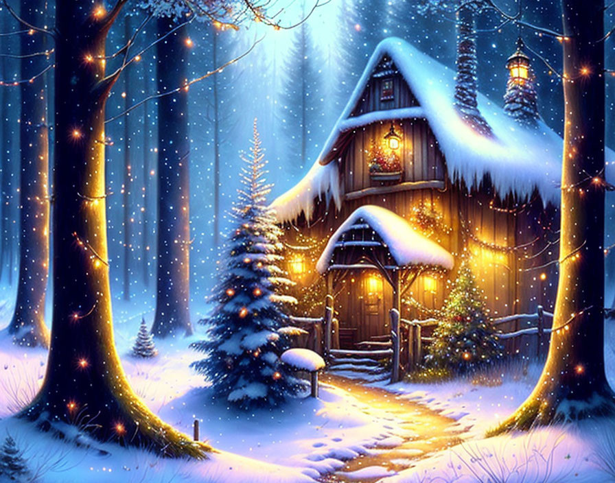 Tranquil winter forest scene with cozy cottage and glowing lanterns