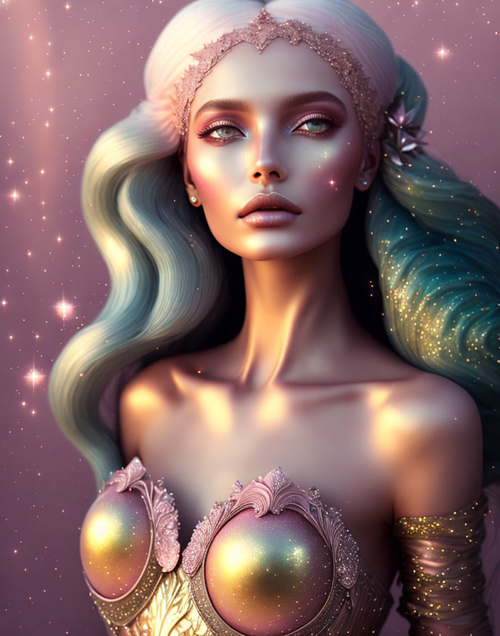 Iridescent female figure with starry tiara and cosmic backdrop