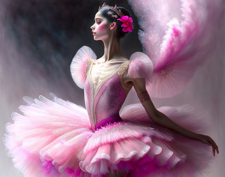 Luminescent pink ballet figure in floral costume against dreamlike backdrop