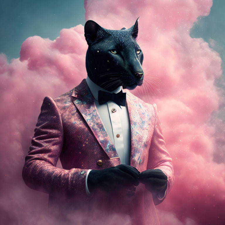 Black Panther-headed Figure in Glittery Pink Suit on Pink Cloud Background