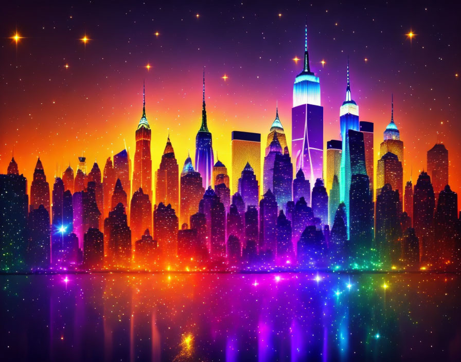 Colorful City Skyline Reflection in Starry Night Sky