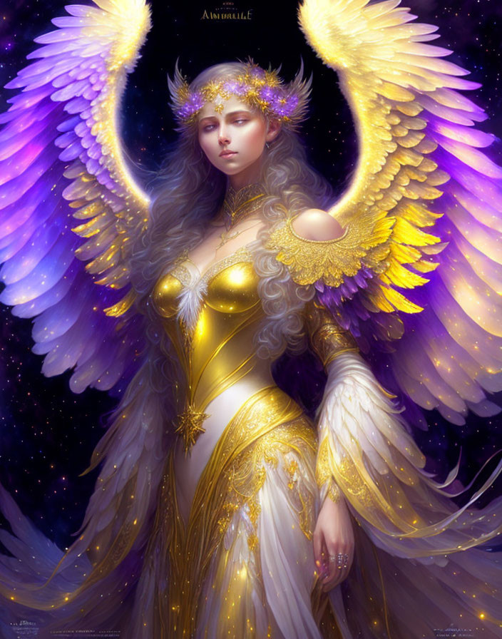 Mystical angelic figure with luminescent wings and golden armor