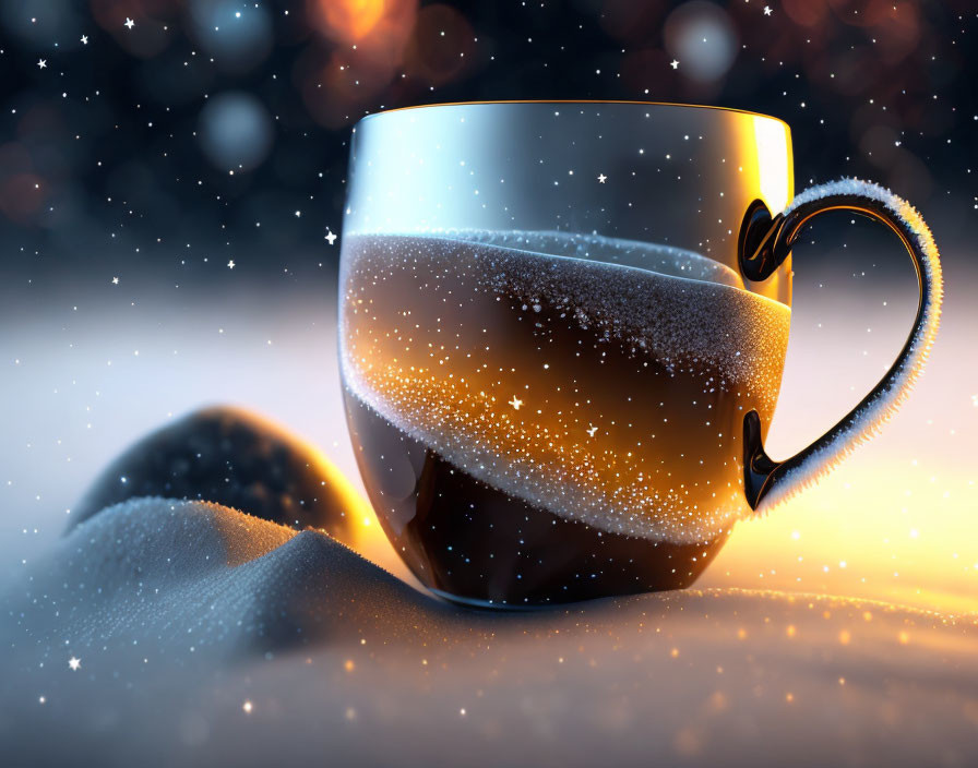 Heart-handled coffee cup on snowy surface with bokeh background