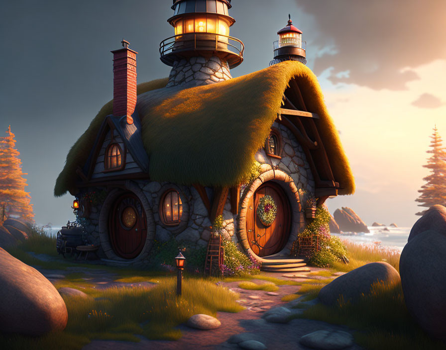 Moss-Covered Fairytale Cottage with Twin Lighthouses