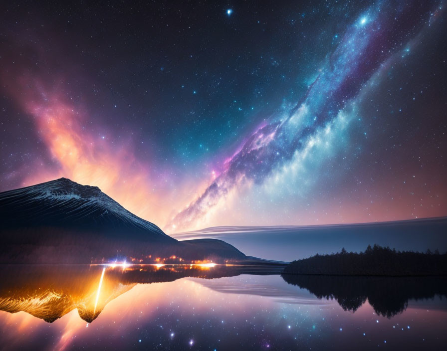 Vibrant Milky Way galaxy over tranquil lake and mountain silhouette