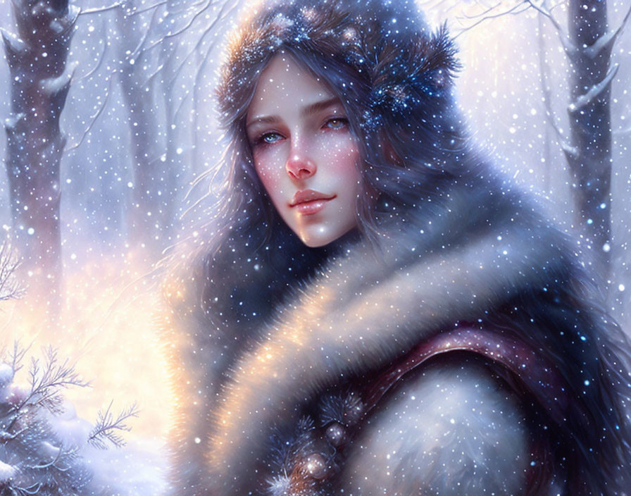 Woman in fur coat in snowy landscape with falling snowflakes