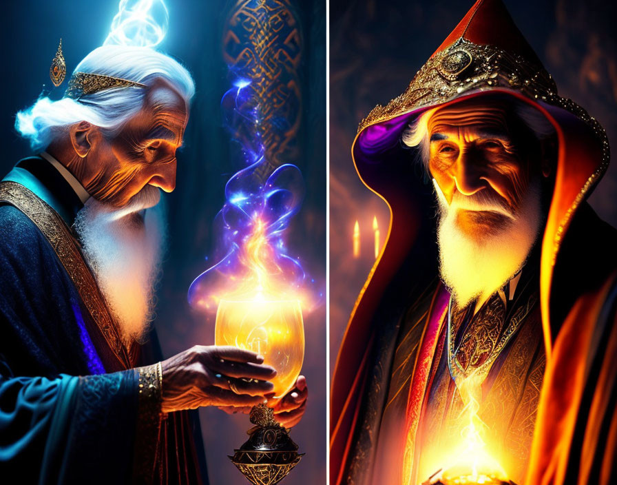 Elderly wizard with glowing orb and candle in elaborate robes