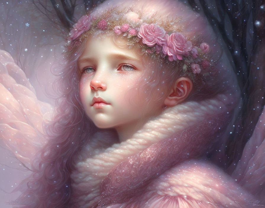 Young girl portrait with floral headband in snowy, magical setting