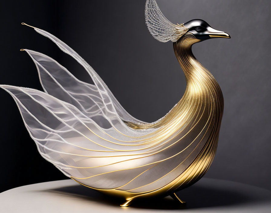 Golden bird sculpture with elongated neck and decorative headpiece on dark background