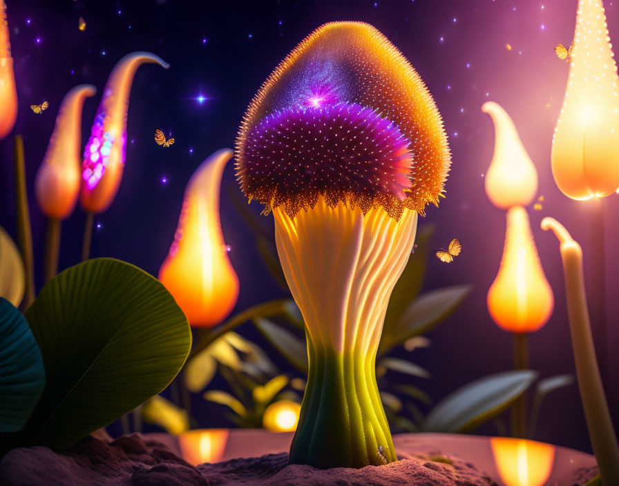 Glowing mushroom with butterflies in starry night landscape