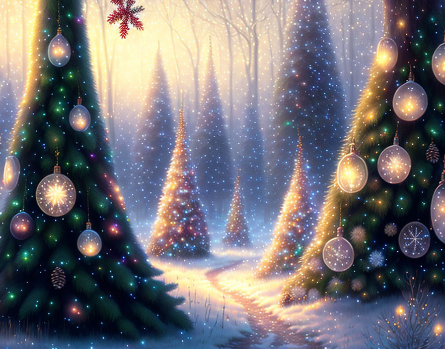 Snowy Christmas landscape with decorated trees and magical glow