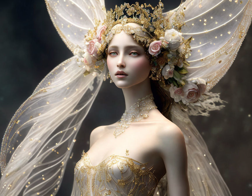 Mystical female figure with translucent wings and golden headpiece