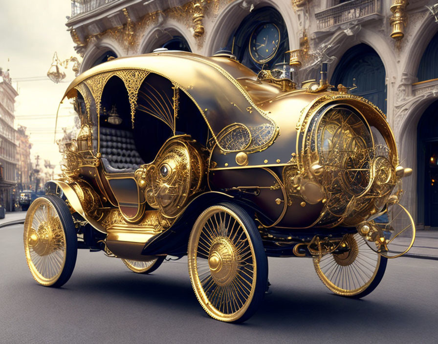 Golden Steampunk Carriage with Ornate Designs in City Setting